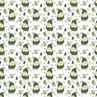 Gnome pattern1. Seamless pattern with cute gnome character, trees and flashlight. Cartoon color vector illustration.