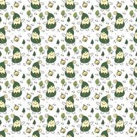 Gnome pattern1. Seamless pattern with cute gnome character, trees and flashlight. Cartoon color vector illustration.