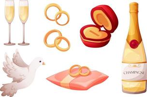 Wedding cartoon set, wedding items, attributes, champagne, glasses, rings, pigeon vector