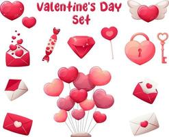 Valentine's Day set with hearts. Heart-shaped balls, lock and key, ruby, love letters, envelopes vector