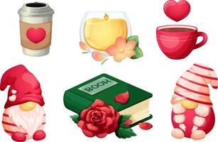 Cozy set for Valentine's Day. Scandinavian gnomes, cup of coffee, tea, book with rose, aromatic candle vector