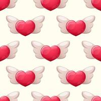 Pattern with cartoon red hearts with wings on white background vector
