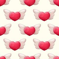 Pattern with cartoon red hearts with wings on white background vector