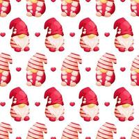 Pattern with cartoon Scandinavian gnomes and hearts on Valentine's Day on white background vector