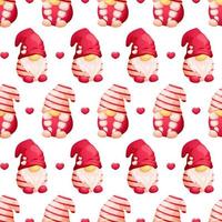 Pattern with cartoon Scandinavian gnomes and hearts on Valentine's Day on white background vector