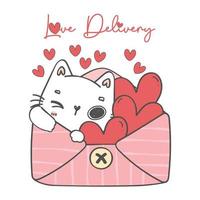 cute sweet Valentine white kitten cat in love envelope with red hearts cartoon animal doodle hand drawing illustration vector
