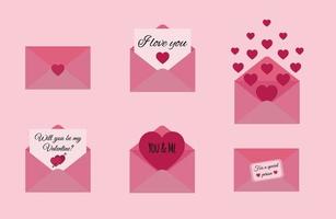 conjunto de sobres de san valentín con corazones y mensajes de amor y tarjetas de felicitación aisladas en fondo rosa. elementos de diseño romántico. ilustración vectorial vector