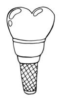 Waffle cone ice cream. Ice cream with heart. Doodle vector dessert sketch.