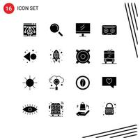 Pictogram Set of 16 Simple Solid Glyphs of rewind arrow education tape audiotape Editable Vector Design Elements