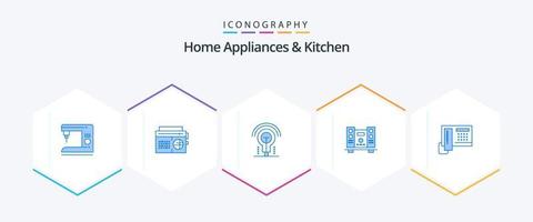 Home Appliances And Kitchen 25 Blue icon pack including phone. music. bulb. speaker. woofer vector