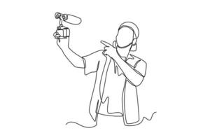 Single one line drawing young boy backpacker recording video. Vlogging concept. Continuous line draw design graphic vector illustration.