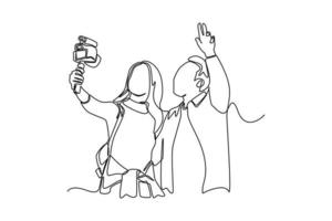 Single one line drawing Cute couple traveling together while vlogging to a video camera on handheld tripod. Vlogging concept. Continuous line draw design graphic vector illustration.