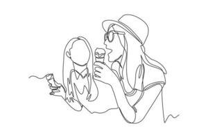 una sola línea dibujando a dos hermosas chicas disfrutando de un helado juntas. Hangouts con el concepto de amigos. ilustración de vector gráfico de diseño de dibujo de línea continua.