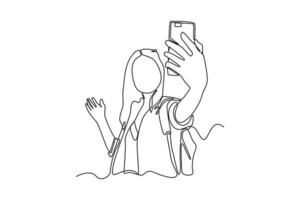 Single one line drawing young woman backpacker taking selfies on mobile phone. Vlogging concept. Continuous line draw design graphic vector illustration.