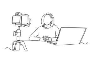 Single one line drawing happy girl recording vlog video blog at home using camera. Vlogging concept. Continuous line draw design graphic vector illustration.