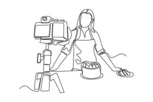 Single one line drawing happy woman baking and recording video vlog in the kitchen. Vlogging concept. Continuous line draw design graphic vector illustration.