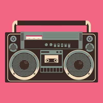 Card of retro tape recorder on pink background