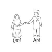 Arab Couple in Islamic Clothing vector illustration isolated on white background, line art model