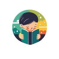 little boy kid reading book logo icon in flat vector design