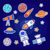 Set of space and astronomy vector illustrations with a colorful hand-drawn style on dark blue background
