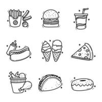 Set of fast food doodle illustrations with cute design isolated on white background. Fast food doodle icons vector