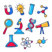 Set of science elements vector illustration with colorful hand-drawn style isolated on white background