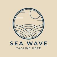logotipo de arte de línea de olas de mar con diseño de ilustración de vector de insignia de sol
