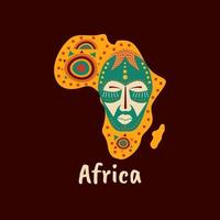 Illustration of African patterned map with art of masks, ornaments and symbols. Banner with traditional tribal grunge pattern, element, concept design vector
