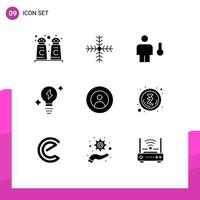 Set of 9 Commercial Solid Glyphs pack for people earth body power bulb Editable Vector Design Elements