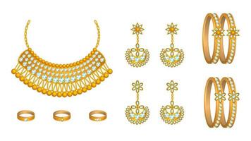vector de conjunto de joyas de oro realista, vector realista de collar, brazaletes, anillos y pendientes.