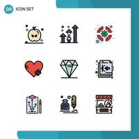 Mobile Interface Filledline Flat Color Set of 9 Pictograms of rich diamond lifebuoy heart add Editable Vector Design Elements