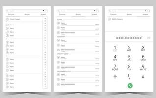 App screen Contacts, Recents, Keypad design UI kit. vector