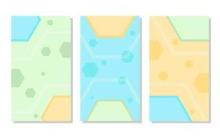 set of pastel blue, green and orange abstract portrait background with hexagon pattern and wavy lines. simple, flat and colorful. used for wallpaper, backdrop, social media stories and poster vector