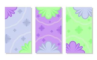 set of purple, blue and green abstract portrait background with flower pattern and lines. simple, flat and colorful. used for wallpaper, backdrop, social media stories and poster vector