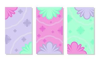 set of pink, purple and pastel green abstract portrait background with flower pattern and lines. simple, flat and colorful. used for wallpaper, backdrop, social media stories and poster
