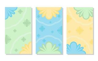 set of pastel blue, green and orange abstract portrait background with flower pattern and lines. simple, flat and colorful. used for wallpaper, backdrop, social media stories and poster vector