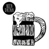 wooden beer mug with foam flowing out of it. wooden mug for beer. Vector hand-drawn. beer drink with lot of foam.