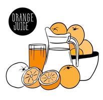 naranjas, mandarinas enteras y cortadas por la mitad, rodajas con una jarra de jugo recién exprimido. vitamina C. El ácido ascórbico es importante para el funcionamiento del sistema inmunológico. frutas cítricas vector