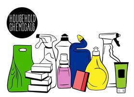 Sketch household chemicals big set. cleaning products - washing powder, spray, sponge, cleaning cloth and household chemicals. illustration of toilet cleaning products, at home. doodles vector