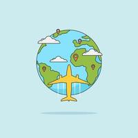 Traveling the world by plane. The location of the pin on the world map. Flat icon modern design style vector concept illustration