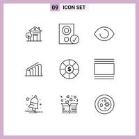 9 User Interface Outline Pack of modern Signs and Symbols of coin report speaker progress vision Editable Vector Design Elements