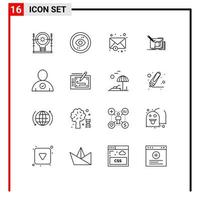 grupo universal de símbolos de icono de 16 contornos modernos de elementos de diseño de vector editables de notificación de arte de interfaz de usuario de dibujo a lápiz