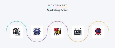 paquete de 5 iconos planos llenos de línea de marketing y seo que incluye la configuración. mapa. megáfono. GPS. Youtube vector