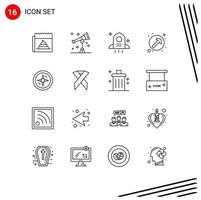 Pack of 16 Modern Outlines Signs and Symbols for Web Print Media such as compass up right telescope pointer arrow Editable Vector Design Elements