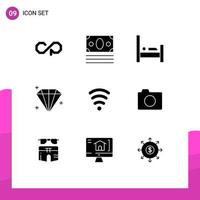 conjunto de 9 iconos de interfaz de usuario modernos símbolos signos para señal wifi cama usuario diamante elementos de diseño vectorial editables vector