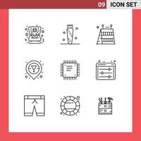 Universal Icon Symbols Group of 9 Modern Outlines of circuit board vodka vegetable liquor tools Editable Vector Design Elements