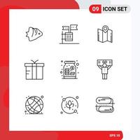 Group of 9 Outlines Signs and Symbols for gift box garbage pointer location Editable Vector Design Elements