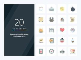 20 Shoping Retail And Video Game Elements Flat Color icon for presentation vector