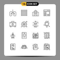 Pack of 16 Modern Outlines Signs and Symbols for Web Print Media such as medical bag bag office to communication Editable Vector Design Elements