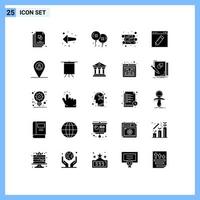 Group of 25 Modern Solid Glyphs Set for education design birthday browser log Editable Vector Design Elements